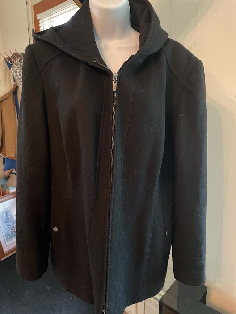 London Fog Wool Blend Zip Up Hooded Coat Black XXL